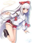  1girl arm_belt bangs belt blunt_bangs bow breasts eyebrows_visible_through_hair floating_hair fujiwara_no_mokou hair_bow highres leaning_forward leg_up long_hair looking_at_viewer outstretched_arms red_bow red_eyes red_ribbon red_shorts ribbon sea_scorpion_(umisasori) shiny shiny_skin shirt short_shorts shorts signature silver_hair simple_background small_breasts smile solo standing standing_on_one_leg touhou very_long_hair white_background white_shirt 