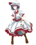  1girl artist_request boots dress hat highres holding_skirt looking_at_viewer mob_cap purple_hair red_eyes remilia_scarlet short_sleeves smile touhou 