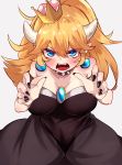  1girl absurdres artist_request bare_shoulders black_dress blue_eyes blush bowsette breasts collar commentary_request crown dress earrings eyebrows eyebrows_visible_through_hair fangs genderswap genderswap_(mtf) grey_background highres horns jewelry large_breasts long_hair looking_at_viewer super_mario_bros. nail_polish new_super_mario_bros._u_deluxe nintendo open_mouth pointy_ears ponytail simple_background solo spiked_armlet spiked_collar spikes teeth 