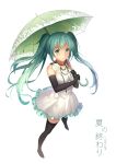  1girl absurdres black_gloves black_legwear breasts dress elbow_gloves floating_hair frilled_dress frills full_body gloves green_eyes green_hair green_umbrella hatsune_miku highres holding holding_umbrella jewelry long_hair looking_at_viewer medium_breasts necklace short_dress simple_background sleeveless sleeveless_dress solo standing thigh-highs twintails umbrella very_long_hair vocaloid white_background white_dress yeluno_meng 