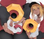  1girl ? baseball_cap black_gloves black_legwear blonde_hair creatures_(company) dark_skin female_protagonist_(pokemon_go) fingerless_gloves g_perarikku game_freak gloves green_eyes gyaru hat holding meltan nintendo pantyhose pokemon pokemon_(creature) pokemon_go ponytail red_shirt shirt 