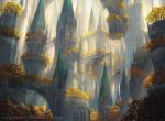  alayna_danner arch architecture bridge castle city commentary day english_commentary fantasy floating_island highres landscape magic:_the_gathering nature official_art outdoors pegasus scenery tower tree 