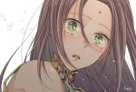  1girl arc_the_lad arc_the_lad_ii bare_shoulders brown_hair commentary_request crying crying_with_eyes_open dark_skin green_eyes izumi_kouyou jewelry long_hair looking_at_viewer necklace open_mouth sania_(arc_the_lad) simple_background solo tears 