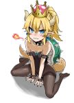  1girl asanagi baby_bowser bare_shoulders between_legs blonde_hair blue_eyes blush bowsette bracelet collar crown earrings fire flat_chest hair_between_eyes hand_between_legs highres horns jewelry leotard lizard_tail looking_at_viewer super_mario_bros. new_super_mario_bros._u_deluxe nintendo no_shoes pantyhose pointy_ears ponytail sharp_teeth simple_background sitting solo spiked_bracelet spiked_collar spikes super_crown super_mario_bros. tail teeth thighband_pantyhose wariza white_background white_leotard younger 