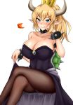  &gt;:) 1girl armlet bangs bare_shoulders black_dress black_legwear blonde_hair blue_eyes blush bowsette bracelet breasts chin_rest cleavage collar collarbone crimecrime crown dress dress_lift eyebrows_visible_through_hair gem highres horns jewelry large_breasts legs long_hair super_mario_bros. new_super_mario_bros._u_deluxe nintendo pantyhose parted_lips pointy_ears sitting smirk spiked_bracelet spiked_collar spikes strapless strapless_dress super_crown super_mario_bros. tail thighs turtle_shell 