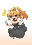  1girl :d bare_arms bare_shoulders black_dress blonde_hair blue_eyes bowsette bracelet breasts brooch chibi cleavage collar commentary_request crown dress earrings full_body gooster gradient gradient_background hair_between_eyes hands_up high_ponytail highres horns jewelry long_dress long_hair looking_afar super_mario_bros. marker_(medium) new_super_mario_bros._u_deluxe nintendo no_nose open_mouth ponytail running sharp_teeth sidelocks smile solo spiked_bracelet spiked_collar spiked_shell spikes strapless strapless_dress super_crown super_mario_bros. tail teeth traditional_media tsurime turtle_shell upper_teeth 