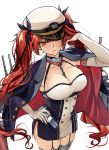  1girl adjusting_hair azur_lane between_breasts breasts chains cleavage collaboration commentary elbow_gloves english_commentary garter_straps gloves hair_ribbon hand_on_hip hat honolulu_(azur_lane) jacket_on_shoulders jun_project large_breasts long_hair military_hat orange_eyes redhead ribbon sakon04 simple_background solo turret twintails very_long_hair white_background 
