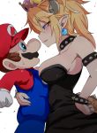  1boy 1girl asymmetrical_docking bangs bare_shoulders black_dress blonde_hair blue_eyes blush bowser bowsette bracelet breast_press breasts brown_hair collar commentary_request crown dress eye_contact eyebrows_visible_through_hair facial_hair fang flat_cap genderswap genderswap_(mtf) gloves hair_between_eyes hand_on_hip hat horns jewelry large_breasts long_hair long_sleeves looking_at_another mario super_mario_bros. mini_crown mustache new_super_mario_bros._u_deluxe nintendo overalls parted_lips pointy_ears profile rai_(sakuranbo_sugar) red_hat red_shirt shirt simple_background spiked_bracelet spiked_collar spiked_tail spikes strapless strapless_dress super_crown super_mario_bros. sweat tail white_background white_gloves 