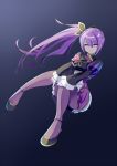 1girl aisha_(elsword) butterfly_ornament elsword eyebrows_visible_through_hair glowing glowing_eyes hands_on_own_knees highres kumataro long_hair pantyhose purple_hair side_ponytail simple_background smile violet_eyes 