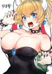  1girl bangs bare_shoulders black_dress black_nails blonde_hair blue_eyes borrowed_design bowsette bracelet breasts claw_pose cleavage collar commentary_request crown dress earrings eyebrows_visible_through_hair genderswap genderswap_(mtf) hair_between_eyes horns jewelry kawakami_masaki large_breasts super_mario_bros. mushroom nail_polish new_super_mario_bros._u_deluxe nintendo open_mouth pointy_ears ponytail sharp_teeth simple_background solo spiked_armlet spiked_bracelet spiked_collar spikes super_crown super_mario_bros. teeth turtle_shell white_background 