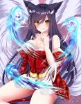  1girl ahri animal_ears bare_shoulders black_hair blush breasts cleavage detached_sleeves facial_mark fox_ears fox_girl fox_tail highres korean_clothes large_breasts league_of_legends lips long_hair looking_at_viewer mintmia11 multiple_tails slit_pupils solo tail tongue tongue_out whisker_markings yellow_eyes 