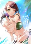  1girl bangs bare_shoulders beach black_hair blush bracelet breasts green_eyes grin highres idolmaster idolmaster_cinderella_girls jewelry large_breasts lens_flare long_hair looking_at_viewer one_eye_closed ponytail scrunchie smile solo splashing sunlight swept_bangs water wet yamaguchi_(shinigami-no-barad) yamato_aki 