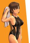  1girl arm_up armpits black_swimsuit blush breasts brown_eyes brown_hair closed_mouth eyebrows_visible_through_hair gradient hair_between_eyes highres hiryuu_(kantai_collection) kantai_collection large_breasts looking_at_viewer revision short_hair smile solo swimsuit towel wa_(genryusui) 