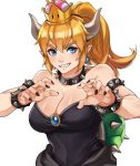  1girl armlet bare_shoulders black_dress black_nails blonde_hair blue_eyes bowsette bracelet breasts cleavage collar crown dress genderswap genderswap_(mtf) highres horns jewelry kamu_(kamuuei) large_breasts long_hair looking_at_viewer super_mario_bros. nail nail_polish new_super_mario_bros._u_deluxe nintendo ponytail shiny shiny_hair simple_background solo spiked_bracelet spiked_collar spikes strapless strapless_dress super_crown super_mario_bros. turtle_shell white_background 