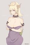  1girl bare_shoulders blonde_hair blue_eyes bowsette bracelet breasts character_name cleavage closed_mouth collar crossed_arms dress earrings fang_out grey_background grey_eyes highres horns jewelry large_breasts looking_at_viewer super_mario_bros. marumoru nintendo pointy_ears ponytail purple_dress simple_background smile solo spiked_bracelet spiked_collar spikes strapless strapless_dress super_crown super_mario_bros. twitter_username upper_body 