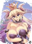  1girl bare_shoulders blonde_hair blue_background bowsette bracelet breasts cleavage collar collarbone commentary_request crown earrings eyebrows_visible_through_hair fang genderswap genderswap_(mtf) gradient_hair hand_on_own_chest hisahiko horns jewelry large_breasts lips long_hair looking_at_viewer super_mario_bros. multicolored_hair new_super_mario_bros._u_deluxe nintendo open_mouth purple_hair smile solo spiked_armlet spiked_bracelet spiked_collar spikes super_crown super_mario_bros. tail upper_body violet_eyes 