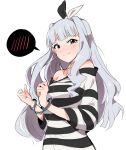  1girl bare_shoulders blush bound bound_wrists bow cuffs eyebrows_visible_through_hair grey_hair hair_bow hair_intakes handcuffs highres idolmaster idolmaster_(classic) long_hair looking_at_viewer nose_blush parted_lips prison_clothes red_eyes shijou_takane shirt simple_background solo spoken_blush striped striped_shirt tears tuxedo_de_cat upper_body white_background 