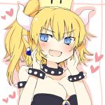  1girl artist_request blonde_hair blue_eyes blush bowsette breasts cleavage crown earrings fang horns jewelry large_breasts super_mario_bros. nintendo pointy_ears 