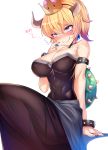  1girl abs armlet bare_shoulders black_dress black_nails blonde_hair blue_eyes borrowed_design bowsette bracelet breasts cleavage collar crown dress earrings eyebrows_visible_through_hair flying_heart flying_sweatdrops highres horns jewelry large_breasts super_mario_bros. nail_polish new_super_mario_bros._u_deluxe nintendo ponytail sapphire_(stone) scratching_cheek sharp_nails sharp_teeth shiny shiny_skin silly_(marinkomoe) simple_background sitting smile spiked_armlet spiked_bracelet spiked_collar spikes super_crown super_mario_bros. teeth thick_eyebrows toned turtle_shell white_background 