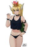  1girl absurdres blonde_hair blue_eyes bowsette bracelet carlo_montie claw_pose collar commentary cowboy_shot crop_top crop_top_overhang crown english_commentary fang fang_out hand_on_hip highres horns jewelry looking_at_viewer super_mario_bros. midriff nail_polish new_super_mario_bros._u_deluxe nintendo no_pants panties ponytail simple_background solo spiked_bracelet spiked_collar spikes super_crown tank_top underwear white_background 