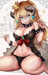  1girl bare_legs bare_shoulders barefoot black_babydoll black_panties blonde_hair blue_eyes blush bowser bowsette bracelet breasts cleavage collar commentary_request dated eyebrows_visible_through_hair eyes_visible_through_hair genderswap genderswap_(mtf) hair_between_eyes hands_up horns houdukixx jewelry large_breasts long_hair looking_at_viewer super_mario_bros. nail_polish navel new_super_mario_bros._u_deluxe nintendo no_pants open_mouth panties ponytail red_nails sharp_teeth shiny shiny_skin sitting solo spiked_armlet spiked_bracelet spiked_collar spikes super_crown super_mario_bros. teeth translated underwear 