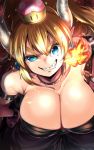  1girl bare_arms black_dress blonde_hair blue_earrings blue_eyes bowser bowsette breasts breathing_fire cleavage collar collarbone dress fire from_above genderswap genderswap_(mtf) grin hand_on_hip horns large_breasts looking_at_viewer super_mario_bros. new_super_mario_bros._u_deluxe nintendo red_background sharp_teeth smile solo spiked_armlet spiked_collar spikes super_crown super_mario_bros. teeth upper_body youmou_usagi 