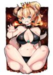  1girl bikini black_bikini blonde_hair blue_eyes borrowed_design bowsette breasts breathing_fire choker crown earrings fire genderswap genderswap_(mtf) horns jewelry kenron_toqueen large_breasts looking_at_viewer super_mario_bros. mini_crown navel new_super_mario_bros._u_deluxe nintendo ponytail sitting smile solo spiked_choker spiked_tail spikes stomach super_crown super_mario_bros. swimsuit tail 