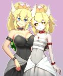  2girls artist_request asymmetrical_docking bare_shoulders black_dress black_sclera blonde_hair blush bowser bowsette bracelet breast_press character_request closed_mouth collar dress dry_bowser eyebrows_visible_through_hair fangs_out flat_chest horns jewelry looking_at_viewer super_mario_bros. multiple_girls nintendo outline pale_skin pink_background pointy_ears ponytail simple_background smile spiked_bracelet spiked_collar spikes standing standing_on_one_leg super_crown super_mario_bros. white_dress white_outline yellow_eyes 