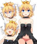  1girl :d ^_^ arms_behind_back bangs bare_arms bare_shoulders black_collar blonde_hair blue_eyes blush bowsette bracelet breasts brooch cleavage clenched_teeth closed_eyes collar collarbone commentary_request cowboy_shot cropped_torso crown dress e.o. earrings expressions eyebrows_visible_through_hair fang genderswap genderswap_(mtf) hair_between_eyes half_updo horns jewelry looking_at_viewer super_mario_bros. mini_crown multiple_views new_super_mario_bros._u_deluxe nintendo open_mouth panties pink_panties pointy_ears short_hair simple_background small_breasts smile spiked_bracelet spiked_collar spikes standing strapless strapless_dress teeth thighs translated underwear upper_body v-shaped_eyebrows white_background 