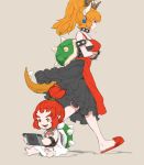 2girls apron bandanna black_dress blonde_hair bowser bowser_jr. bowsette child dress earrings fang genderswap genderswap_(mtf) horns jewelry mother_and_daughter multiple_girls new_super_mario_bros._u_deluxe nintendo nintendo_switch playing_games pointy_ears red_eyes redhead shell short_ponytail slippers super_crown super_mario_bros. tail tetuhei