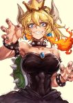  1girl armpits bare_shoulders black_dress blonde_hair blue_eyes bowsette bracelet breasts breathing_fire collar collarbone covered_navel dated dress earrings eyelashes fire genderswap genderswap_(mtf) highres jewelry lain large_breasts looking_at_viewer super_mario_bros. nail_polish new_super_mario_bros._u_deluxe nintendo pointy_ears ponytail sharp_teeth shell solo spiked_armlet spiked_bracelet spiked_collar spikes strapless strapless_dress super_crown super_mario_bros. teeth toned twitter_username 