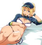  1girl ahoge artoria_pendragon_(all) bangs baseball_cap bikini blonde_hair blue_eyes blue_hat blush breasts cleavage commentary_request fate/grand_order fate_(series) hair_between_eyes hair_through_headwear hat highres hips long_hair looking_at_viewer medium_breasts mouth_hold mysterious_heroine_xx_(foreigner) navel ponytail shrug_(clothing) side-tie_bikini sidelocks simple_background smile solo swimsuit thighs tokiwa_midori_(kyokutou_funamushi) waist white_background white_bikini wristband zipper_pull_tab 