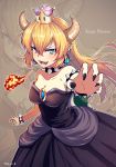  1girl bare_shoulders black_dress black_nails blonde_hair blue_eyes bowsette bracelet breasts brown_background character_name cleavage collar collarbone commentary_request crown dress earrings fal fangs fire genderswap genderswap_(mtf) horns jewelry long_hair looking_at_viewer super_mario_bros. medium_breasts nail_polish new_super_mario_bros._u_deluxe nintendo open_mouth pointy_ears smile solo spiked_bracelet spiked_collar spikes super_mario_bros. teeth twitter_username zoom_layer 