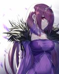  1girl absurdres bangs breasts cleavage commentary_request covered_navel crystal dress eyebrows_visible_through_hair fate/grand_order fate_(series) fur_trim hair_between_eyes highres joker_(tomakin524) large_breasts long_hair looking_at_viewer purple_dress purple_hair red_eyes scathach_(fate)_(all) scathach_skadi_(fate/grand_order) simple_background solo tiara 