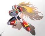  1boy android blonde_hair blue_eyes full_body gloves helmet highres jumping long_hair male_focus rockman rockman_x shadow signature simple_background solo sumomo very_long_hair white_gloves zero_(rockman) 