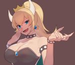  1girl absurdres armlet bangs bare_shoulders black_dress blonde_hair blue_eyes bowsette bracelet breasts collar covering_mouth crown dress earrings eyebrows_visible_through_hair fangs highres horns jewelry kana_(peropepero) large_breasts long_hair super_mario_bros. new_super_mario_bros._u_deluxe nintendo open_mouth ponytail smug spiked_bracelet spiked_collar spikes strapless strapless_dress super_crown super_mario_bros. turtle_shell upper_body 