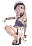  1girl absurdres bare_shoulders blush character_request closed_mouth detached_sleeves fingernails fishnets full_body grey_eyes grey_hair hair_over_one_eye headband highres japanese_clothes kunoichi_tsubaki_no_mune_no_uchi legs_together long_hair looking_at_viewer obi platform_footwear red_ribbon ribbon sandals sash simple_background solo squatting toenails white_background wrist_ribbon yamamoto_souichirou 