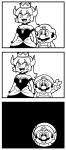  1boy 1girl 3koma armlet bangs bkub bowsette collar comic crown dress earrings eyes_visible_through_hair facial_hair genderswap genderswap_(mtf) greyscale hat highres horns jewelry long_hair looking_at_viewer mario super_mario_bros. monochrome mustache new_super_mario_bros._u_deluxe nintendo open_mouth overalls sharp_teeth short_hair sidelocks silent_comic simple_background spiked_armlet spiked_collar spikes strapless strapless_dress super_crown super_mario_bros. teeth transformation v white_background 