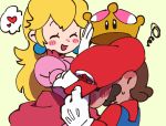 1boy 1girl blush dress earrings elbow_gloves embarrassed gloves hat hat_tip heart height_difference hetero jewelry mario new_super_mario_bros._u_deluxe nintendo overalls princess_peach puffy_short_sleeves puffy_sleeves red_hat removing_headwear short_sleeves spoken_heart super_crown super_mario_bros. ukata white_gloves