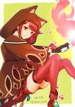  1girl alternate_costume animal_ears bangs cat_ears covered_navel earrings fingerless_gloves fire gloves pyra_(xenoblade) hood jewelry looking_at_viewer nintendo red_eyes red_shorts redhead short_hair shorts solo swept_bangs tiara uyumizyunco xenoblade_(series) xenoblade_2 