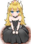  1girl absurdres armlet bare_shoulders black_dress blonde_hair blush bowsette bracelet catstudioinc_(punepuni) clenched_teeth collar commentary crown dress earrings english_commentary eyebrows_visible_through_hair fangs genderswap genderswap_(mtf) highres horns jewelry long_hair looking_at_viewer super_mario_bros. new_super_mario_bros._u_deluxe nintendo pointy_ears simple_background solo spiked_bracelet spiked_collar spikes strapless strapless_dress super_crown super_mario_bros. tears teeth trembling younger 