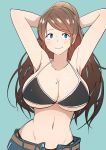  1girl absurdres arms_behind_head bikini_top blue_eyes blush breasts brown_hair bural_chingu highres huge_breasts long_hair luke_(dydansgur) mature mole mole_on_breast mole_under_eye mrs._yun_mi-jeong navel one_side_up open_fly original smile solo wide_hips 