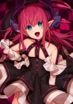 1girl :d bangs black_dress blue_eyes breasts checkered checkered_background commentary_request curled_horns detached_sleeves dragon_horns dress elizabeth_bathory_(fate) elizabeth_bathory_(fate)_(all) eyebrows_visible_through_hair fangs fate/extra fate/extra_ccc fate_(series) hair_between_eyes hair_ribbon hand_on_hip head_tilt horns karokuchitose long_sleeves looking_at_viewer open_mouth pointy_ears purple_ribbon red_eyes ribbon small_breasts smile solo tail tongue two_side_up