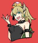  1girl artist_request blonde_hair blue_eyes bowsette breasts cleavage collar crown horns super_mario_bros. nintendo pointy_ears 