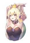  1girl armpits arms_up bangs bare_shoulders black_dress blonde_hair bowsette breasts cleavage collar collarbone commentary_request crown dress earrings eyebrows_visible_through_hair genderswap genderswap_(mtf) grey_eyes hair_between_eyes highres horns jewelry lee_seok_ho super_mario_bros. medium_breasts mini_crown new_super_mario_bros._u_deluxe nintendo pointy_ears signature simple_background solo spiked_collar spikes strapless strapless_dress super_crown turtle_shell white_background 