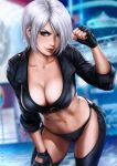  1girl angel_(kof) bent_over bikini_bottom blue_eyes blurry blurry_background breasts chaps cleavage cropped_jacket dandon_fuga fingerless_gloves gloves grin hair_over_one_eye highres navel short_hair silver_hair smile solo the_king_of_fighters 