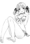  1girl barefoot blush breasts bvucki36gzoeq1c collarbone eyebrows_visible_through_hair greyscale hair_ribbon highres idolmaster idolmaster_cinderella_girls looking_at_viewer medium_breasts monochrome navel open_mouth ribbon short_hair short_twintails sketch smile solo swimsuit totoki_airi twintails 