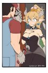  1boy 1girl armlet bare_shoulders black_dress blonde_hair blue_eyes blush bowsette breasts cleavage collar comic crown dress earrings fang fang_out hand_on_own_chest highres horns jewelry kuso_otoko large_breasts mario super_mario_bros. nervous new_super_mario_bros._u_deluxe nintendo pointy_ears ponytail silent_comic spiked_collar spikes strapless strapless_dress super_crown twitter_username watermark web_address wrench 