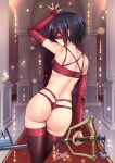  1girl adsouto arm_up ass black_hair blue_eyes bridal_gauntlets detached_sleeves from_behind highres holding holding_weapon keyblade kingdom_hearts kingdom_key lingerie looking_at_viewer looking_back mask red_legwear short_hair solo thigh-highs underwear weapon xion_(kingdom_hearts) 
