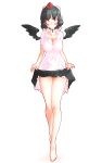  1girl bangs bare_legs barefoot black_choker black_hair black_ribbon black_skirt black_wings blush breasts brown_eyes choker cleavage collarbone commentary_request eyebrows_visible_through_hair feathered_wings full_body hat highres large_breasts lifted_by_self long_legs looking_at_viewer miniskirt non_(z-art) petticoat pom_pom_(clothes) ribbon ribbon_choker shadow shameimaru_aya shirt short_hair short_sleeves simple_background skirt skirt_lift standing thighs tokin_hat touhou white_background white_shirt wing_collar wings 